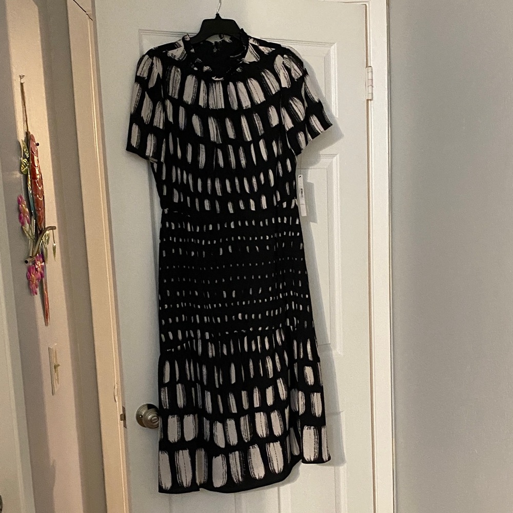 Black and White Midi Dress. Abstract Print, Fully Lined, Slightly Flared Sleeve